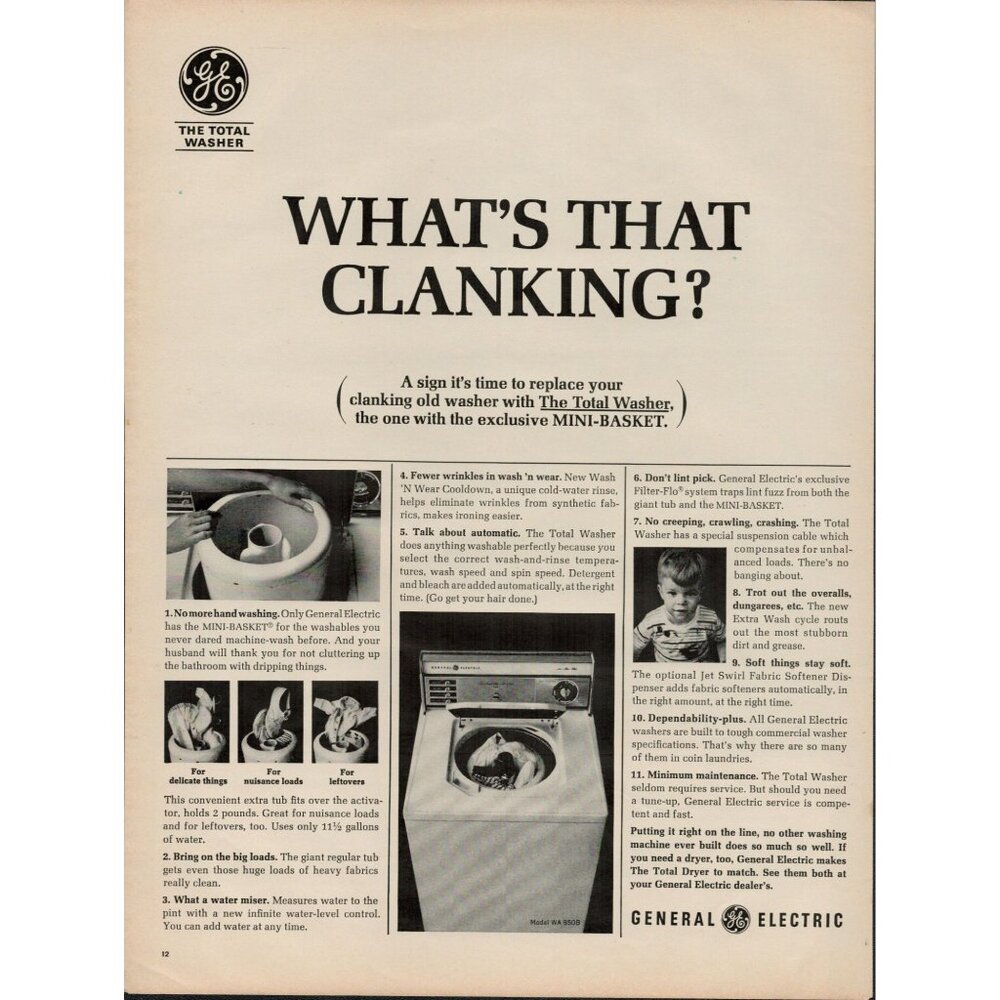 1966 General Electric GE The Total Washer Washing Machine Vintage Print Ad (L4)